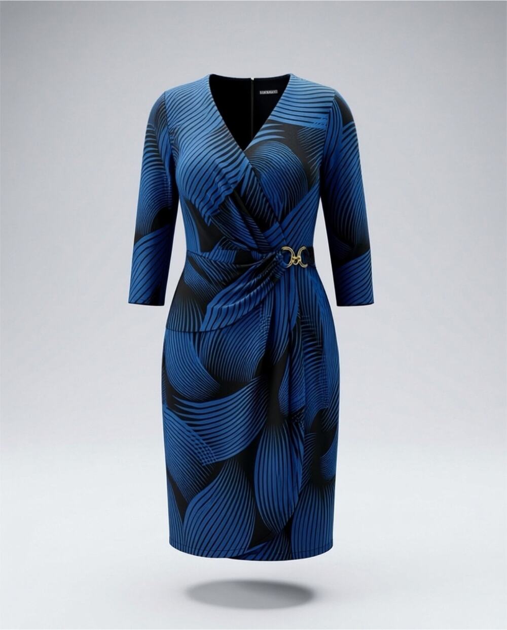 Women's XL cross front 3/4 sleeve blue & black striped lined knee length dress
